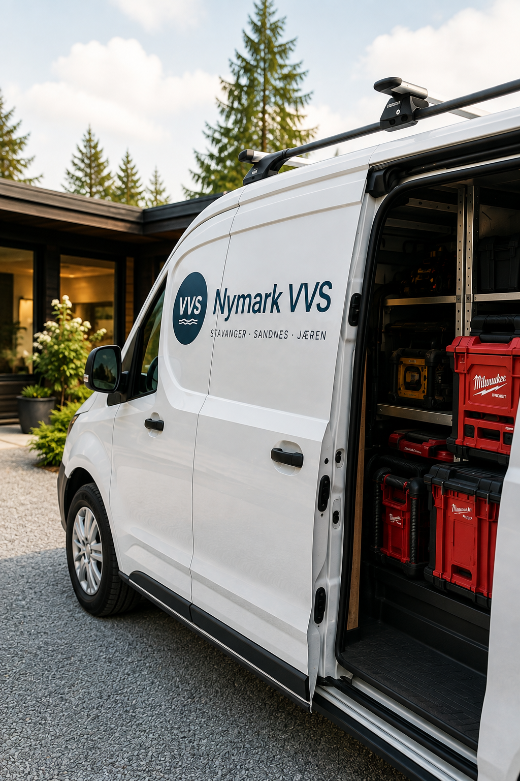 Servicebil fra Nymark VVS med verktøy og utstyr
